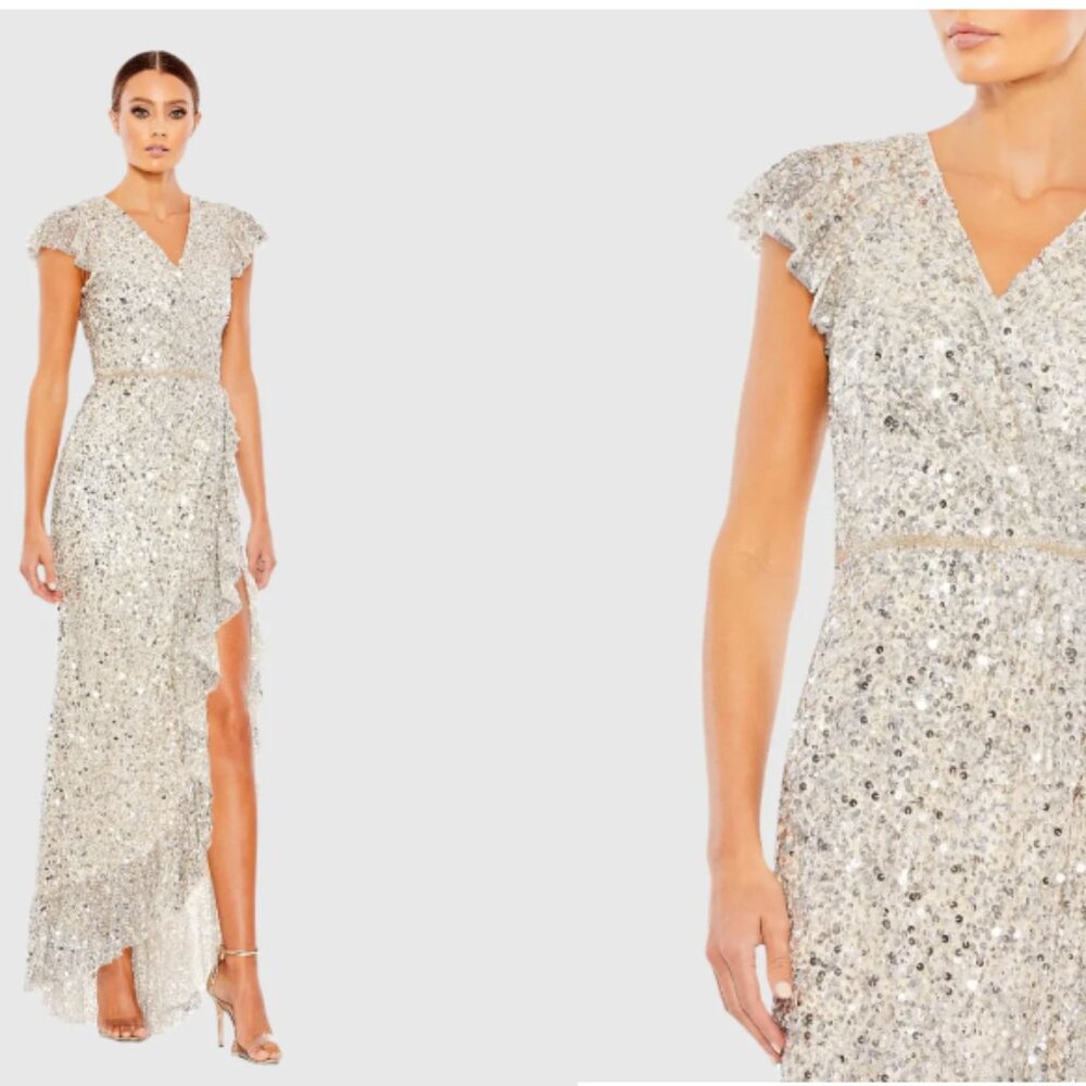 MAC DUGGAL 70113 SEQUINED FAUX WRAP RUFFLE CAP SLEEVE SILVER/NUDE GOWN sz 2